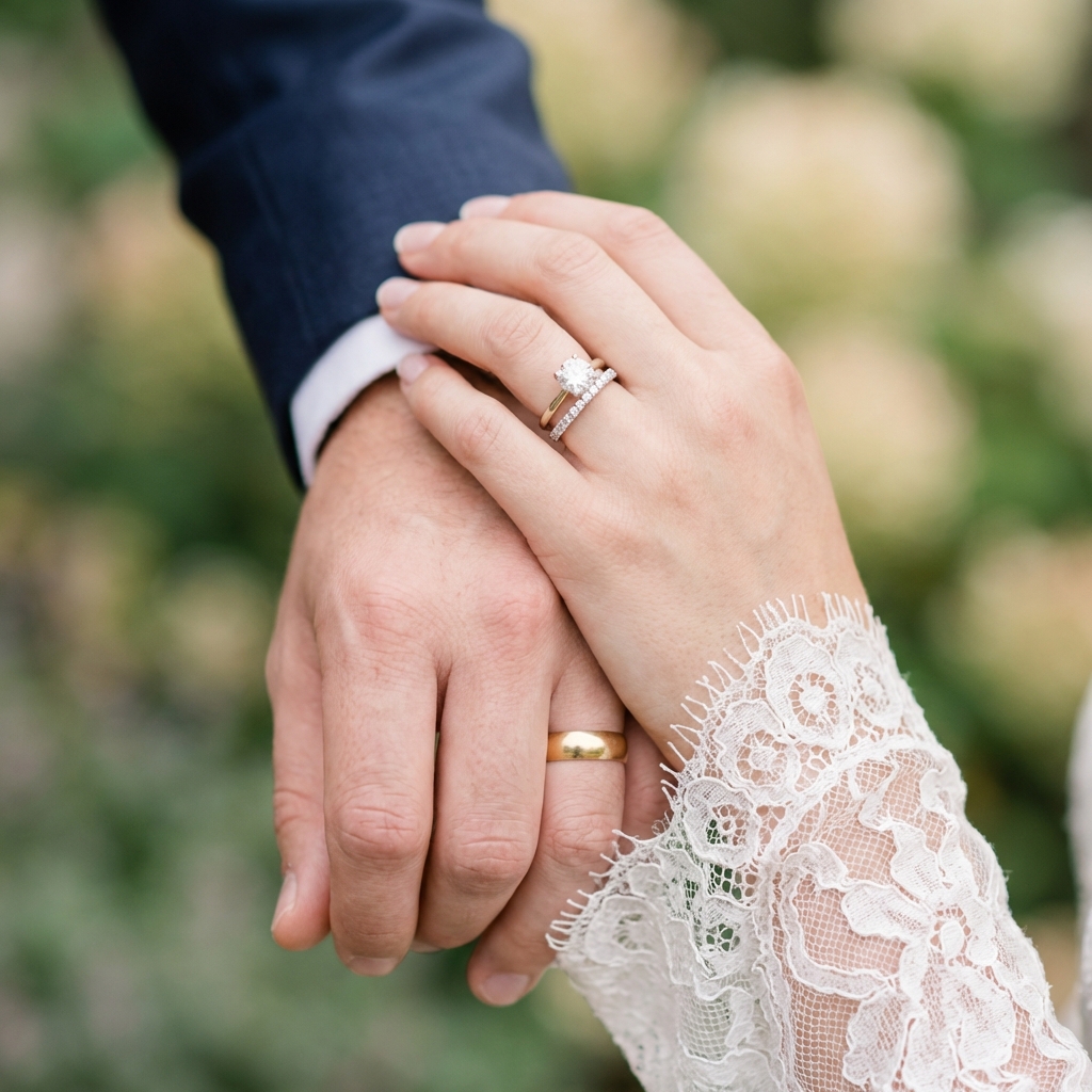 Casal de noivos de mãos dadas com alianças